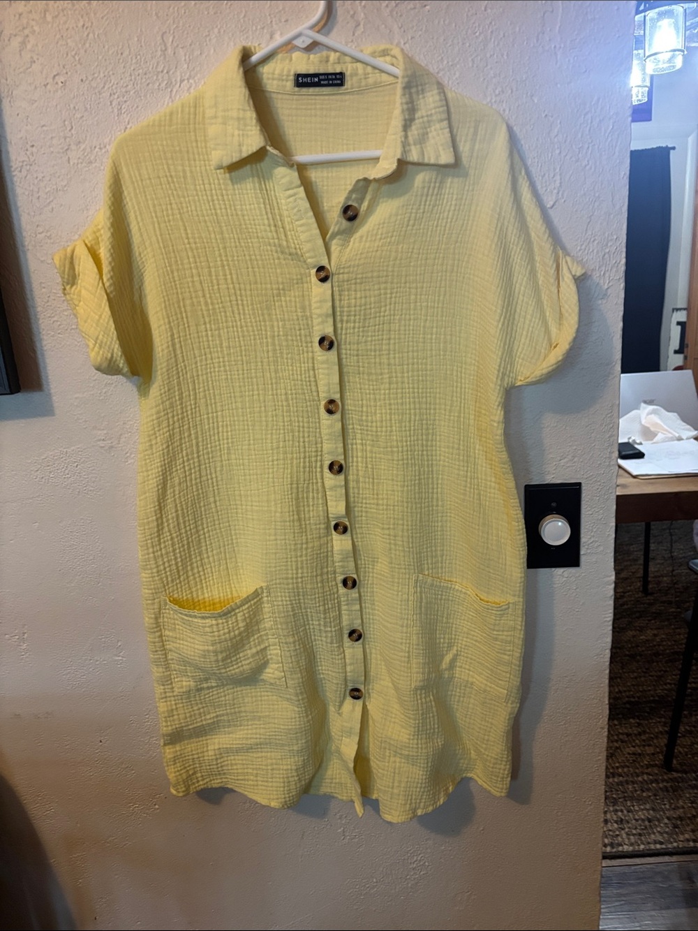 SHEIN Pale Yellow Button-Front Textured Shirt Dress